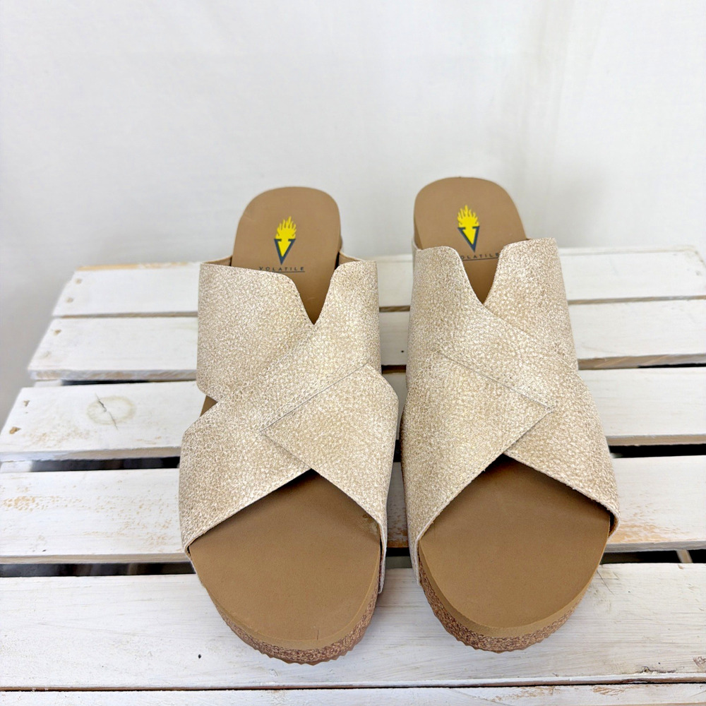 New No Box Volatile Firefly Ivory Metallic Cross Strap Sandals #1070 Womens 10